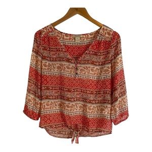 The Lucky Brand Red Coral Brown Sheer 3/4 Length Sleeve With Waist‎ Tie Size XS